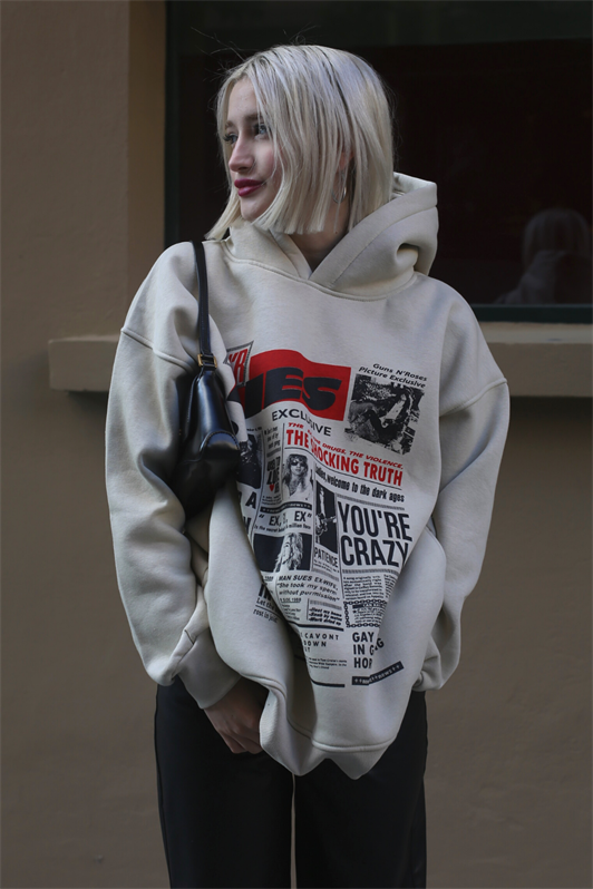 MDX Beige Printed Oversized Hooded Women's Sweatshirt MG1581 - Calgary