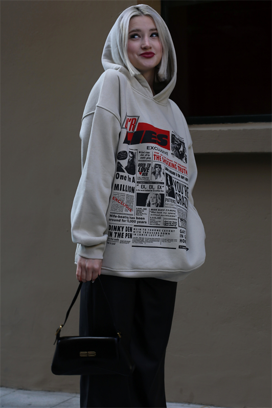 MDX Beige Printed Oversized Hooded Women's Sweatshirt MG1581 - Calgary