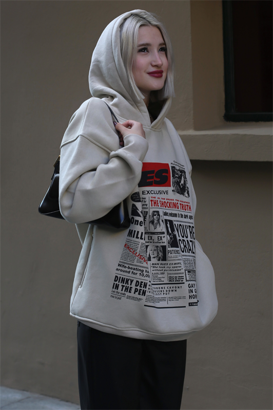 MDX Beige Printed Oversized Hooded Women's Sweatshirt MG1581 - Calgary