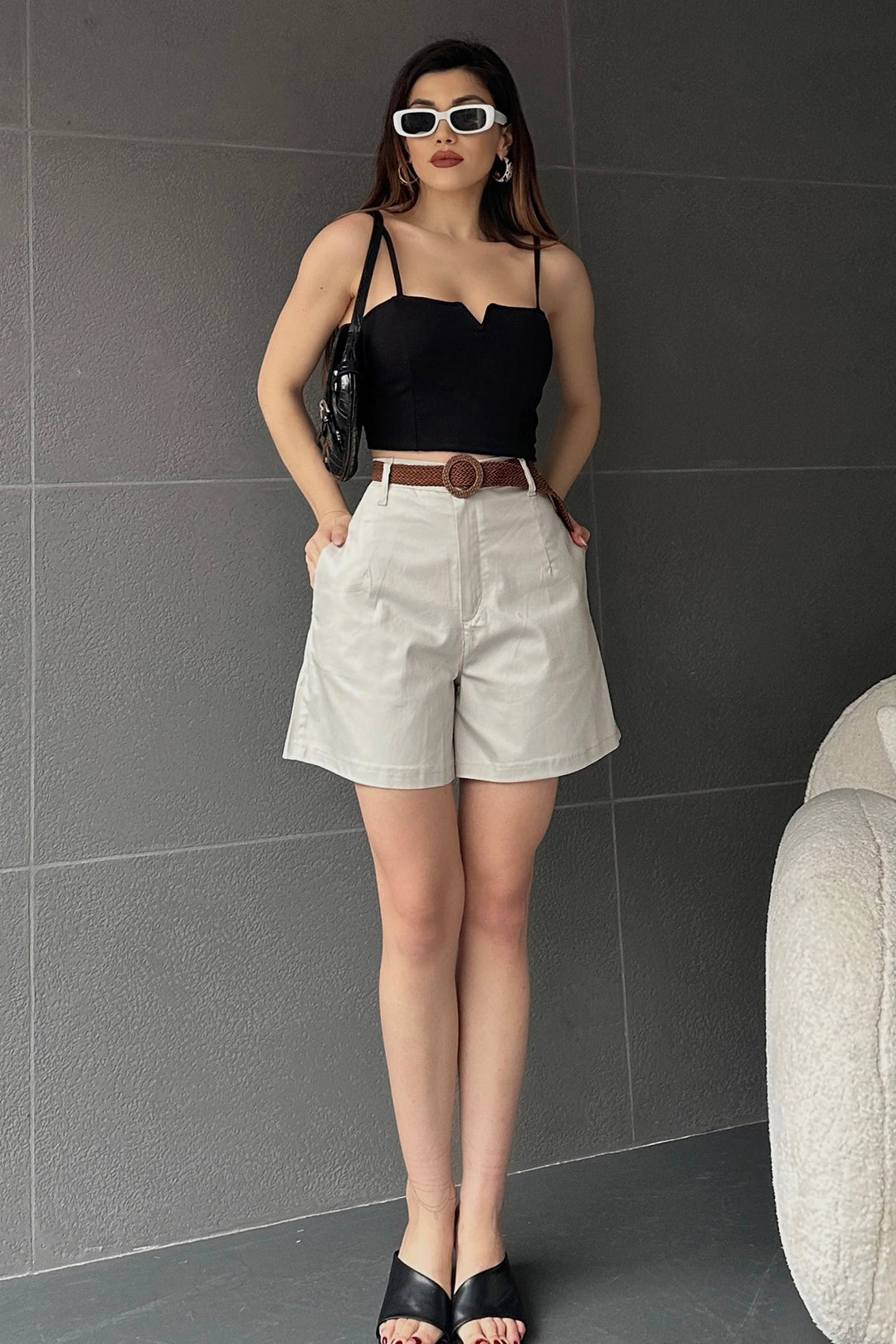 Beige High-Waisted Wide-Leg Mom Shorts BCDF-233305 - Salina Cruz