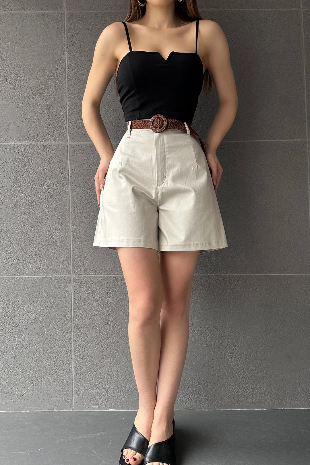 Beige High-Waisted Wide-Leg Mom Shorts BCDF-233305 - Salina Cruz