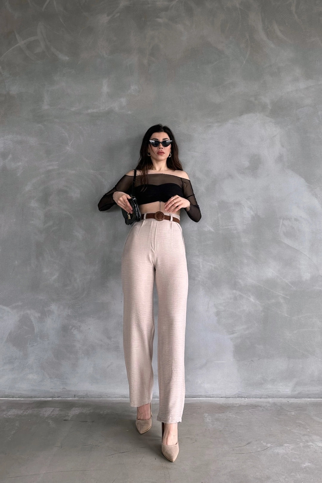 Beige Linen Trousers with Belt BCDF-241103 - Siena