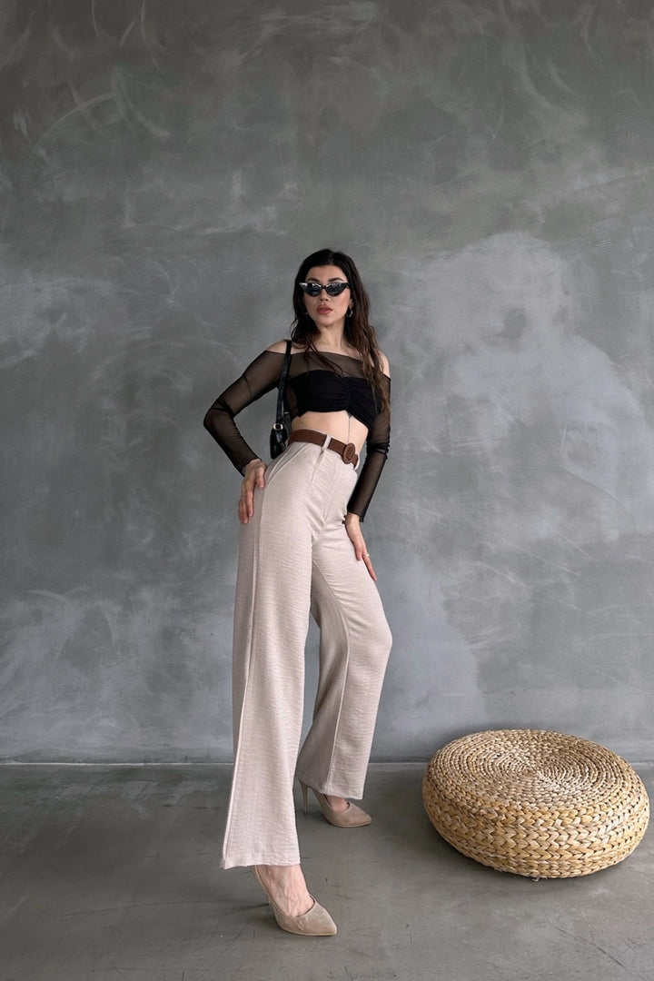 Beige Linen Trousers with Belt BCDF-241103 - Siena