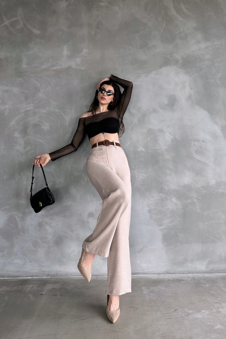 Beige Linen Trousers with Belt BCDF-241103 - Siena
