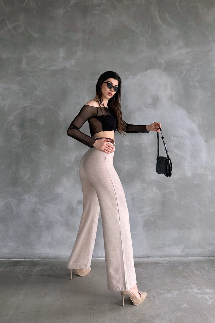 Beige Linen Trousers with Belt BCDF-241103 - Siena