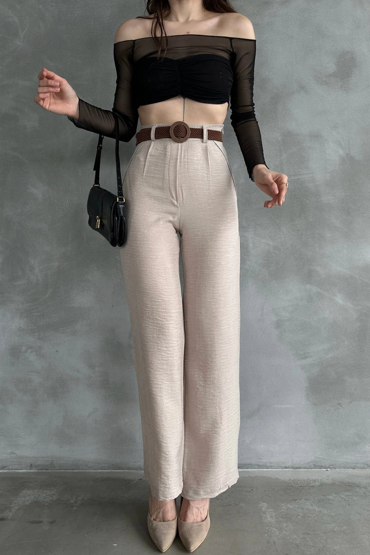 Beige Linen Trousers with Belt BCDF-241103 - Siena