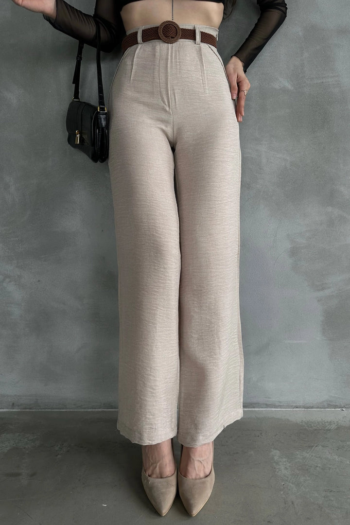 Beige Linen Trousers with Belt BCDF-241103 - Siena