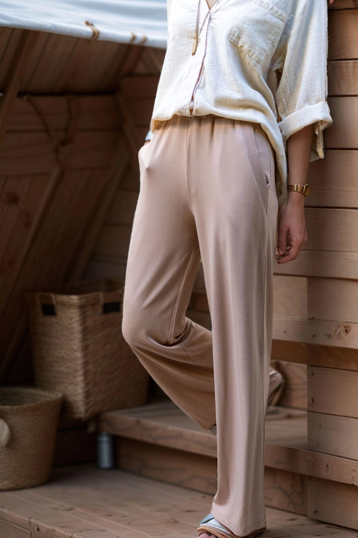 Beige Elastic Waist Wide Leg Soft Textured Trousers BCBSK-25700-3169 - Véroia