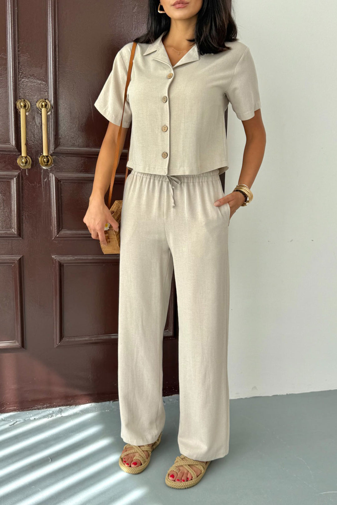 Beige Elastic Waist Pants and Short Sleeve Shirt Cotton Linen Set BCCM-253001 - Lecco