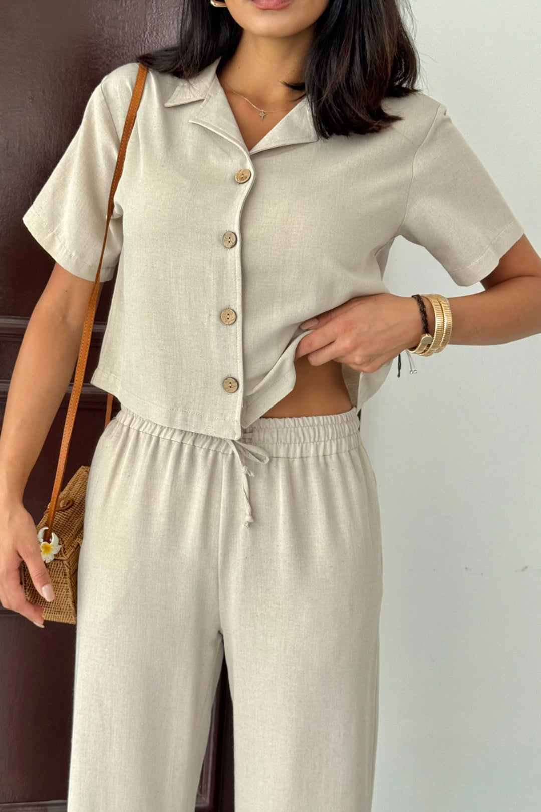 Beige Elastic Waist Pants and Short Sleeve Shirt Cotton Linen Set BCCM-253001 - Lecco