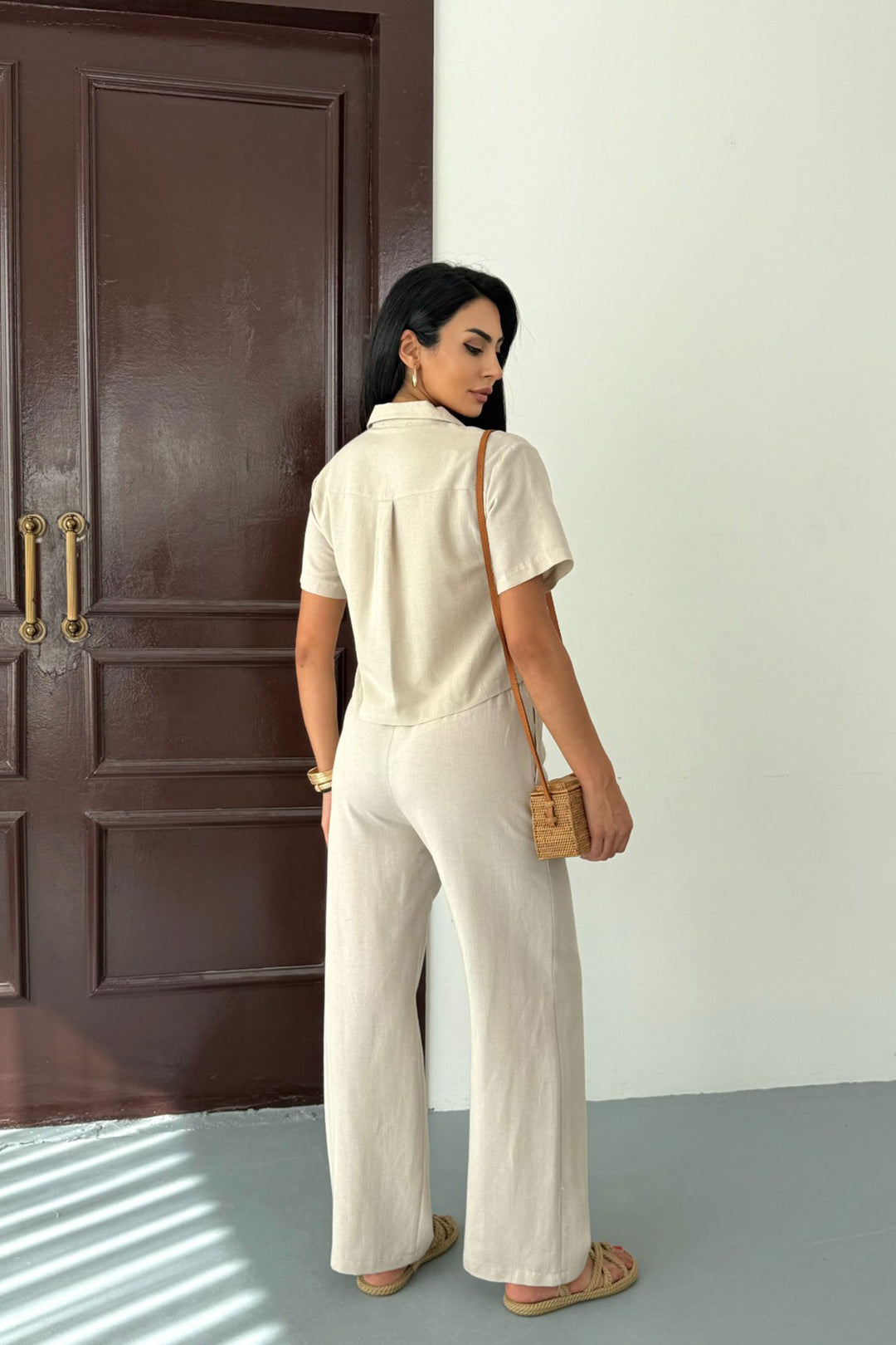 Beige Elastic Waist Pants and Short Sleeve Shirt Cotton Linen Set BCCM-253001 - Lecco
