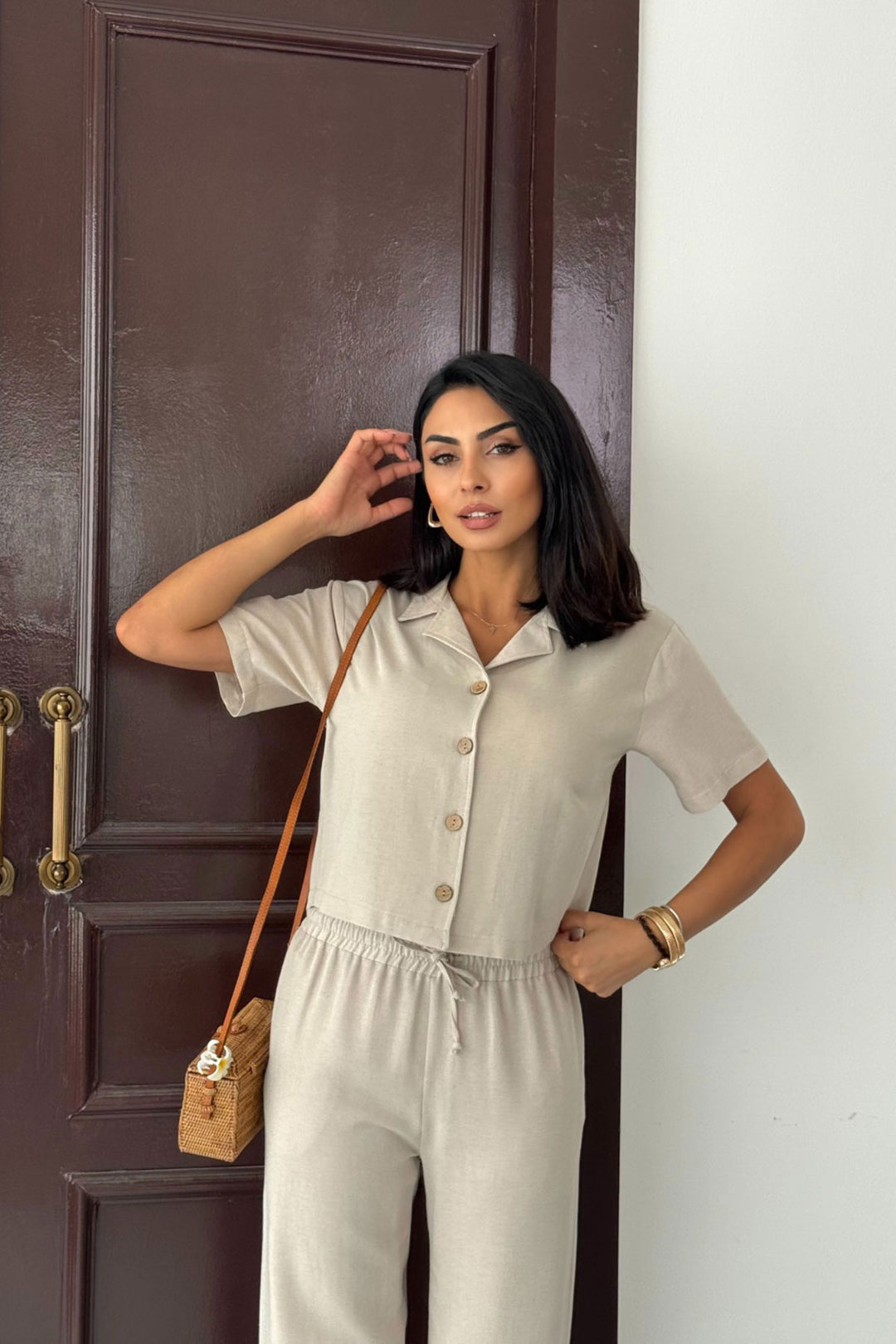 Beige Elastic Waist Pants and Short Sleeve Shirt Cotton Linen Set BCCM-253001 - Lecco