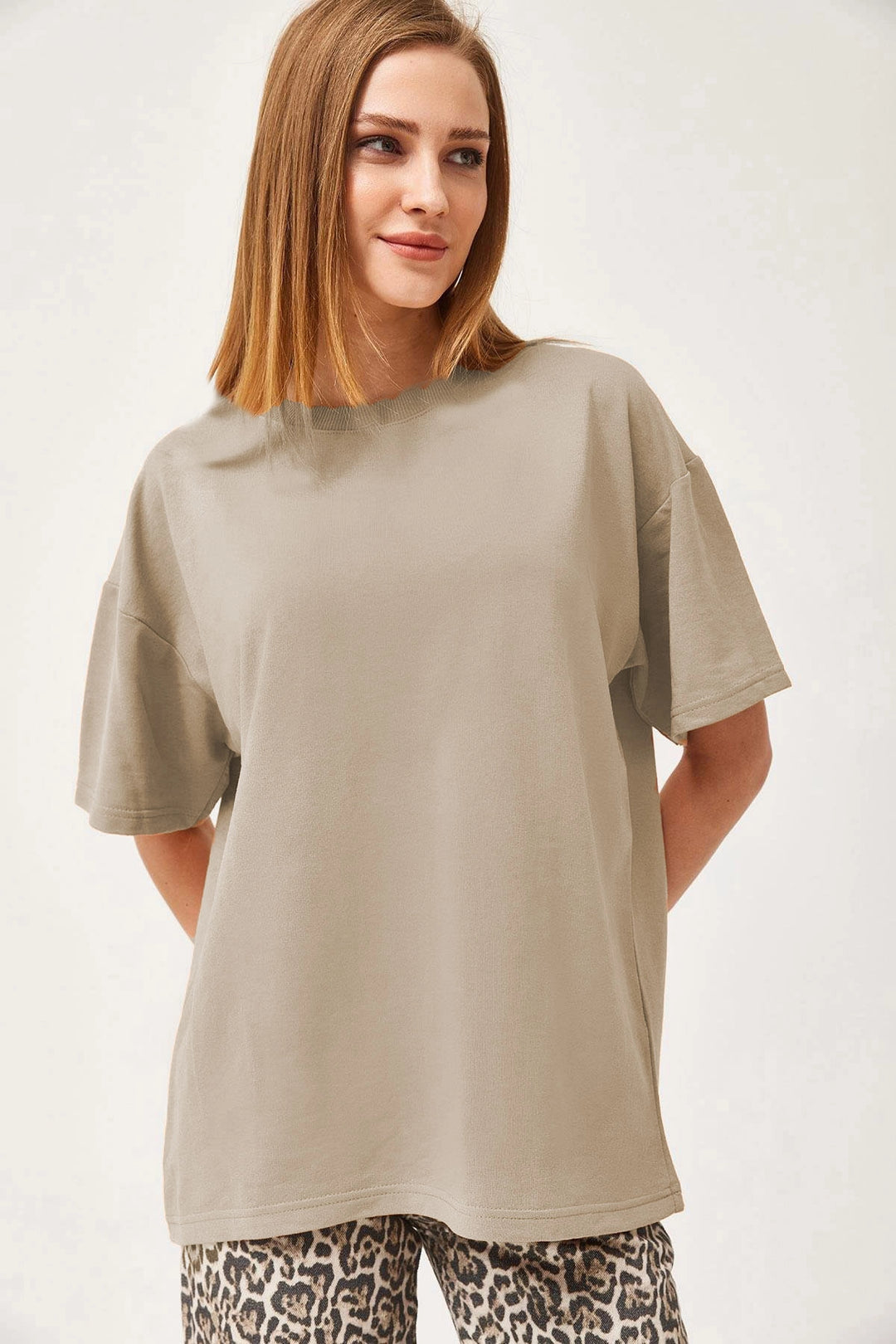 Beige Bicycle Neck Basic 2 Thread Comfortable Fit T-shirt BC251000 - Halesowen