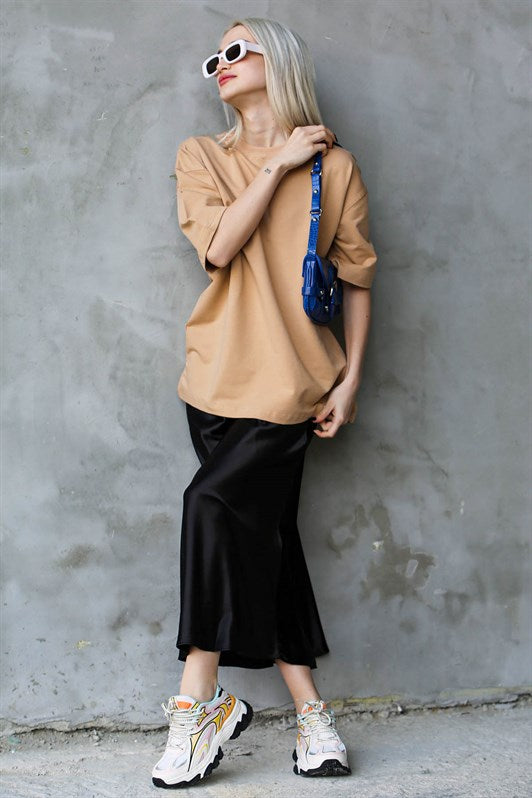 MDX Beige Bicycle Collar Basic Oversize T-shirt MG1687 - Andria