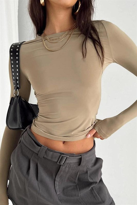MDX Beige Bicycle Neck Basic Long Sleeve Bodysuit MG1701 - San Dimas