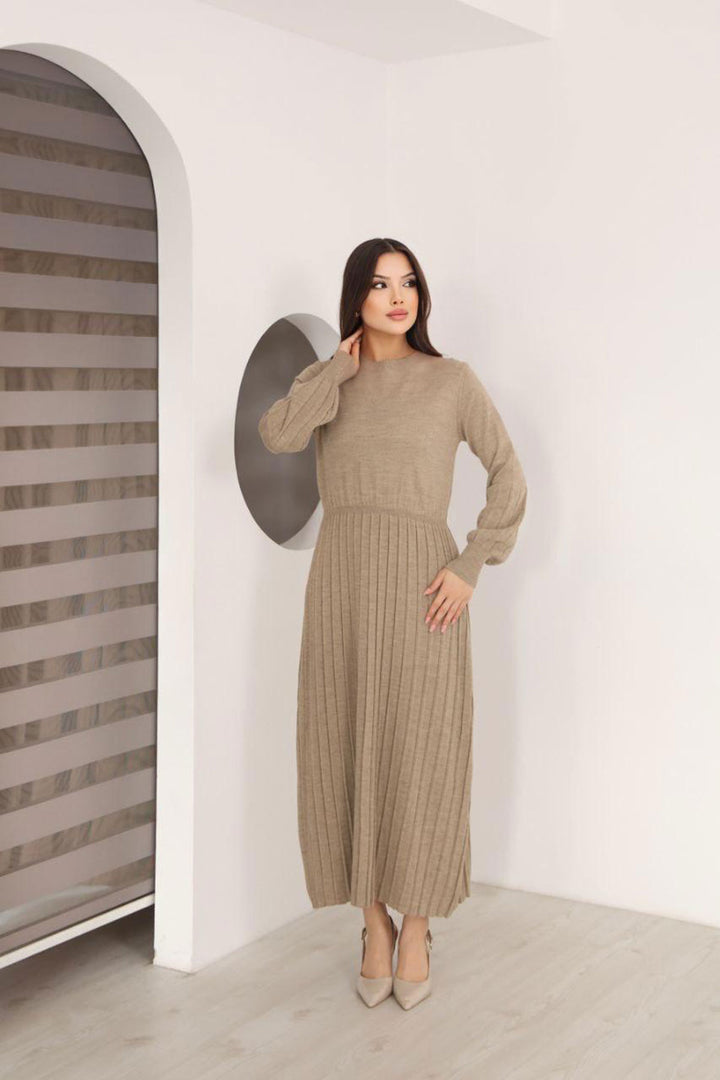 Bej Bisiklet Yaka Çizgili Triko Elbise BCES-253011 - Stratford