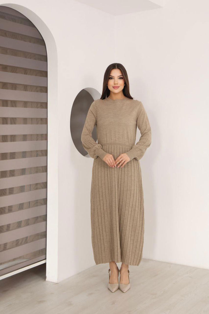 Bej Bisiklet Yaka Çizgili Triko Elbise BCES-253011 - Stratford