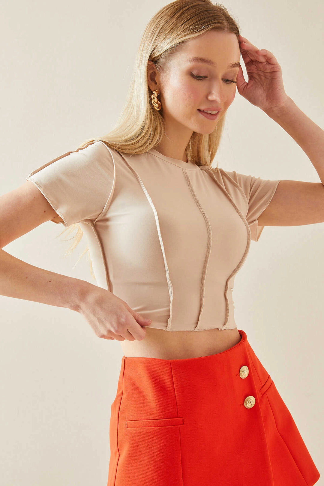 Beige Bicycle Collar Stitch Detailed Lycra Crop Blouse BC241129 - Shreveport