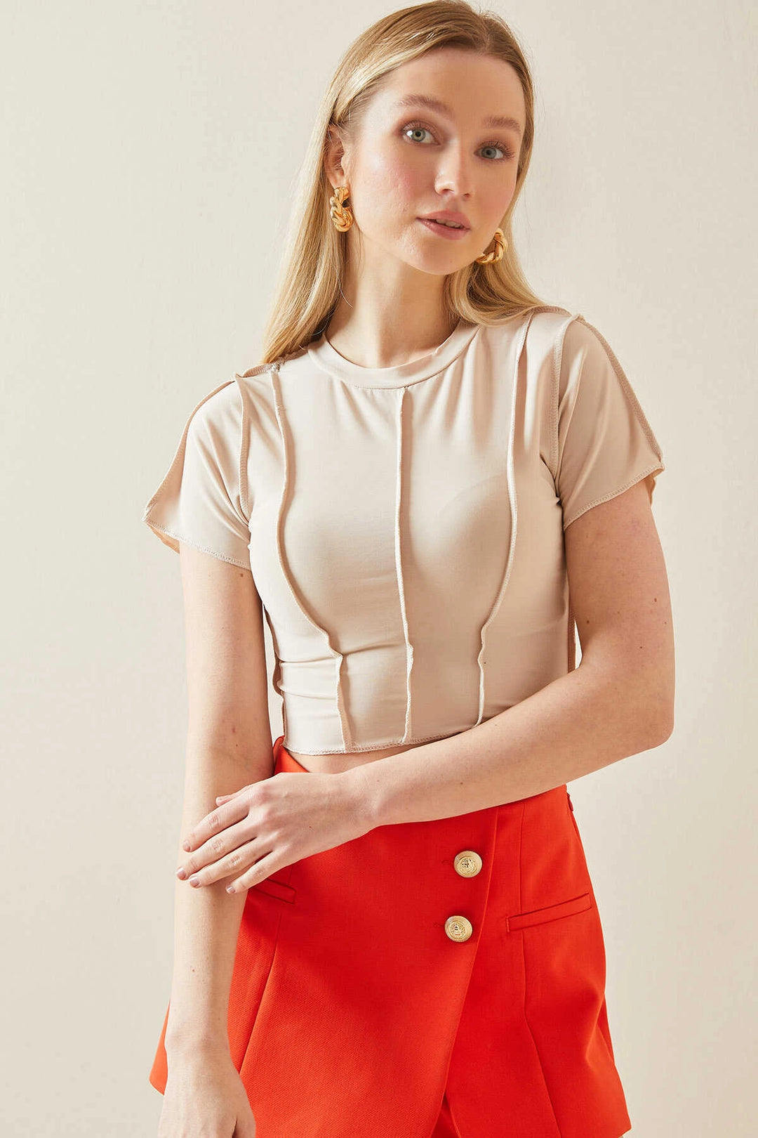 Beige Bicycle Collar Stitch Detailed Lycra Crop Blouse BC241129 - Shreveport