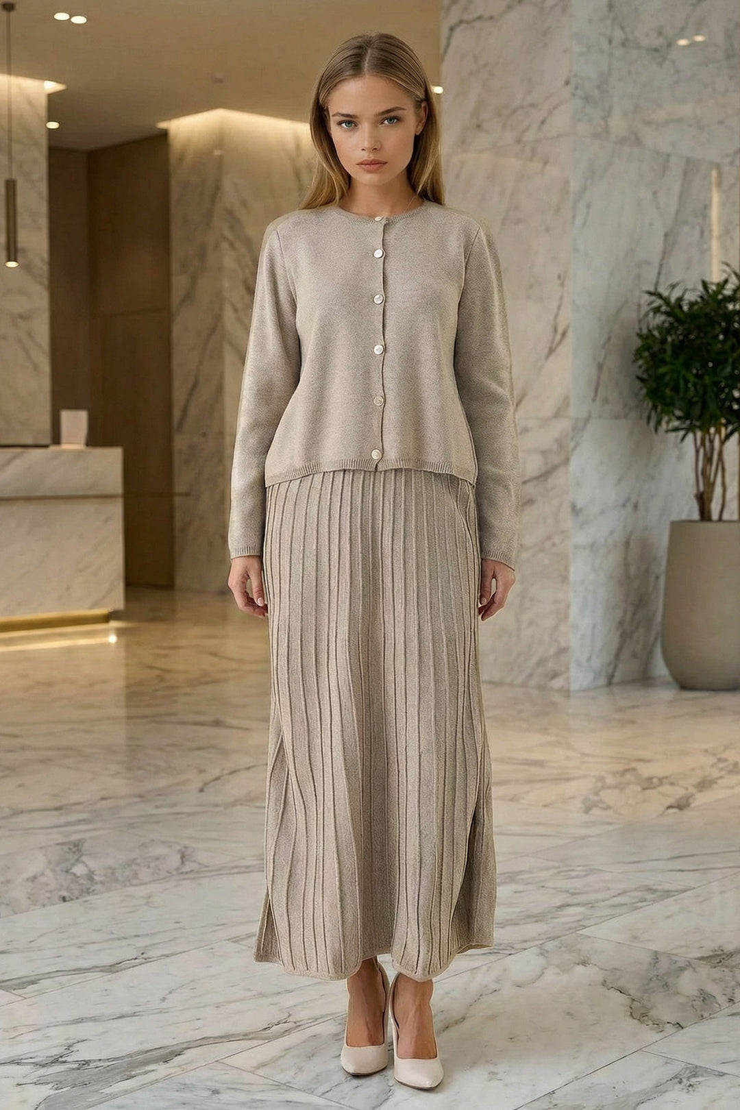 Beige Bicycle Collar Buttoned Cardigan and Pleated Midi Skirt Set BCHPK-251252 - Mâcon