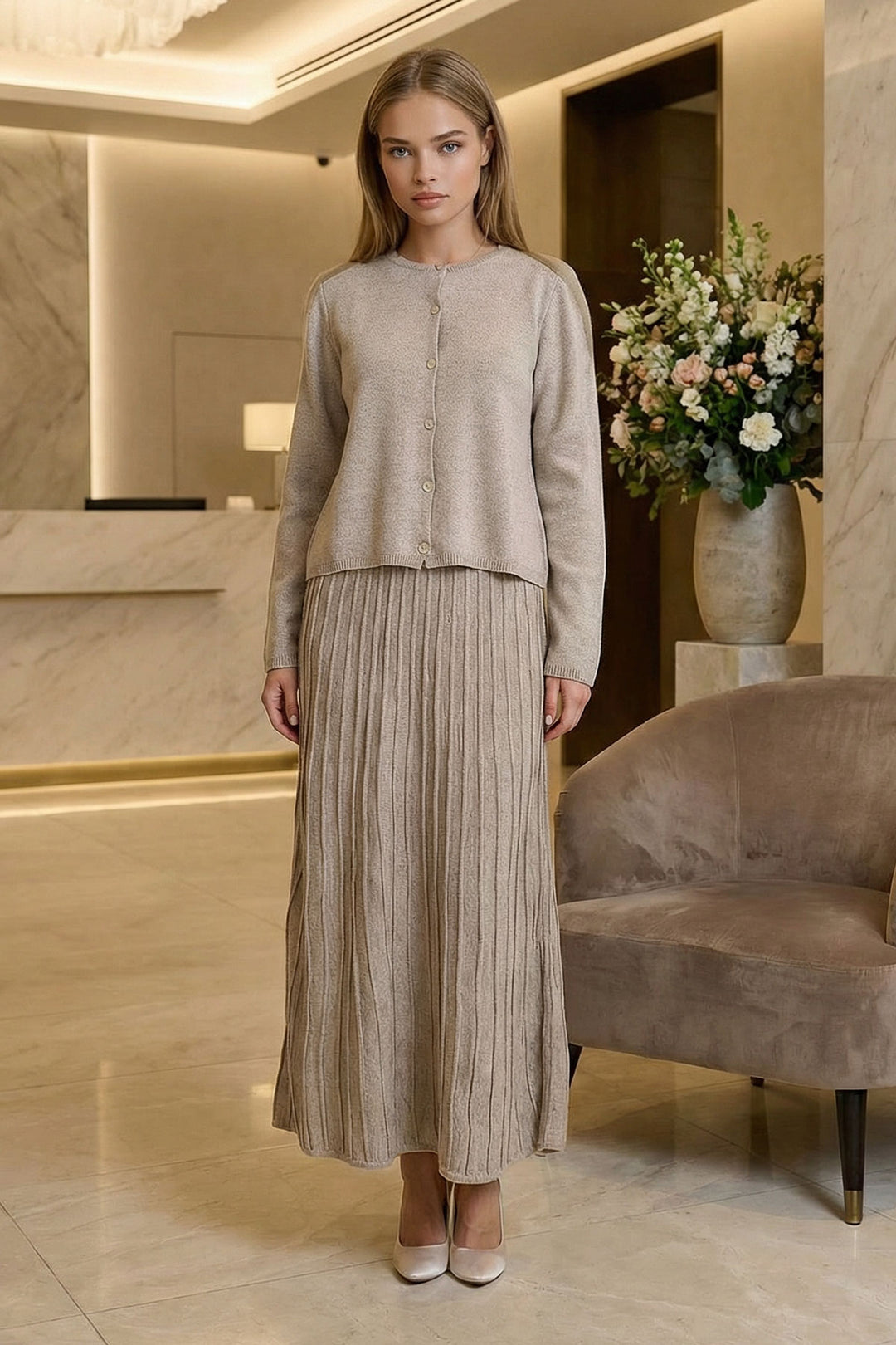 Beige Bicycle Collar Buttoned Cardigan and Pleated Midi Skirt Set BCHPK-251252 - Liverpool