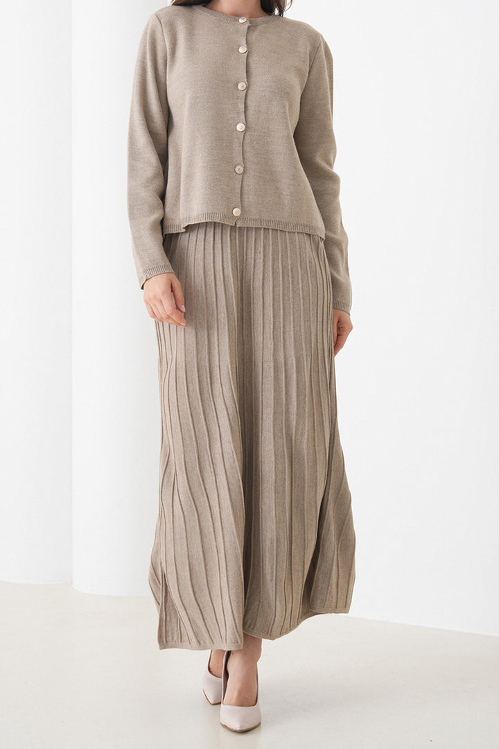 Beige Bicycle Collar Buttoned Cardigan and Pleated Midi Skirt Set BCHPK-251252 - Liverpool