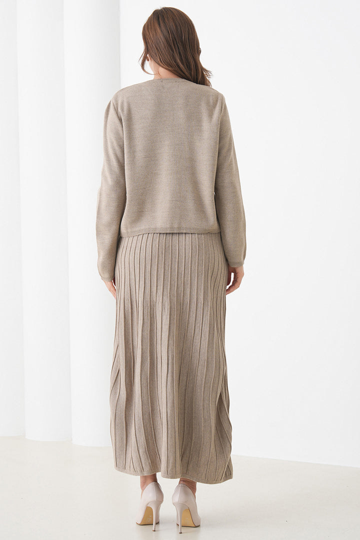Beige Bicycle Collar Buttoned Cardigan and Pleated Midi Skirt Set BCHPK-251252 - Liverpool