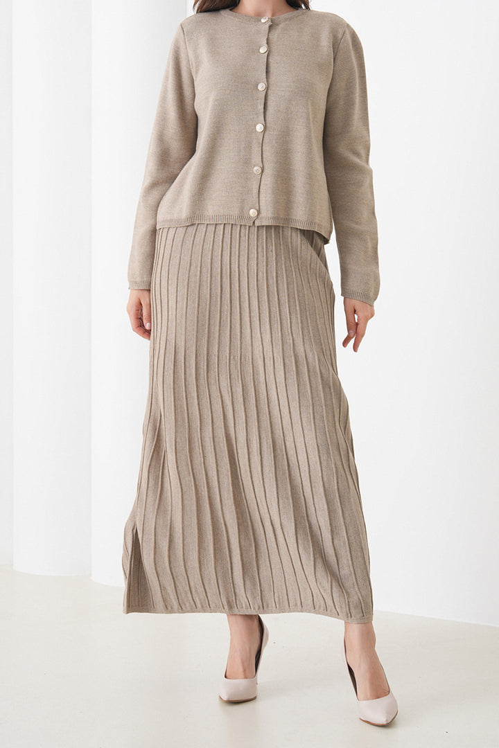 Beige Bicycle Collar Buttoned Cardigan and Pleated Midi Skirt Set BCHPK-251252 - Mâcon
