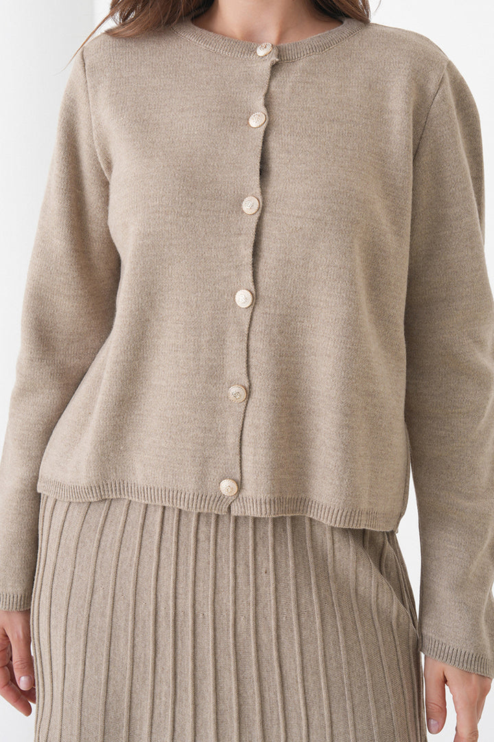 Beige Bicycle Collar Buttoned Cardigan and Pleated Midi Skirt Set BCHPK-251252 - Liverpool