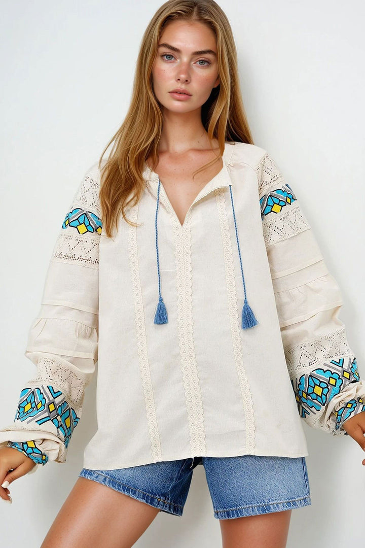 Beige Bicycle Collar Pistachio and Embroidered Balloon Sleeve Linen Blouse BCHESQ-251078 - Prescott Valley