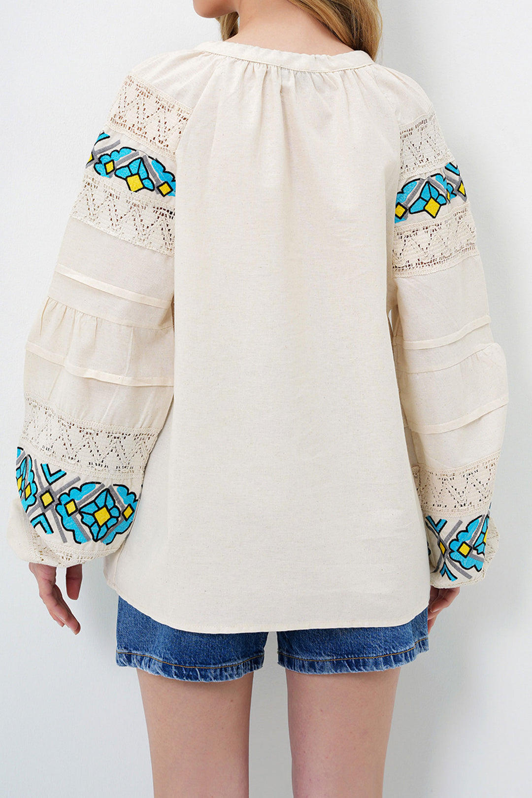 Beige Bicycle Collar Pistachio and Embroidered Balloon Sleeve Linen Blouse BCHESQ-251078 - Prescott Valley