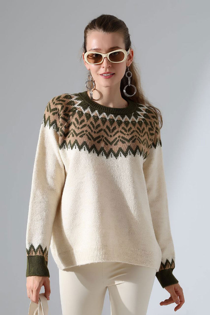Beige Bicycle Collar Snow Patterned Sweater BCES-252028 - Avezzano