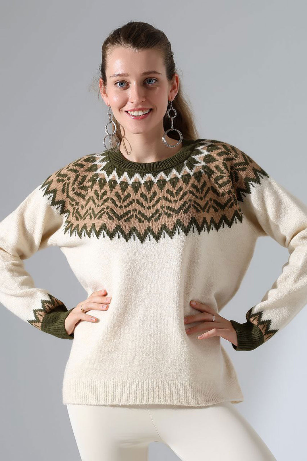 Beige Bicycle Collar Snow Patterned Sweater BCES-252028 - Avezzano