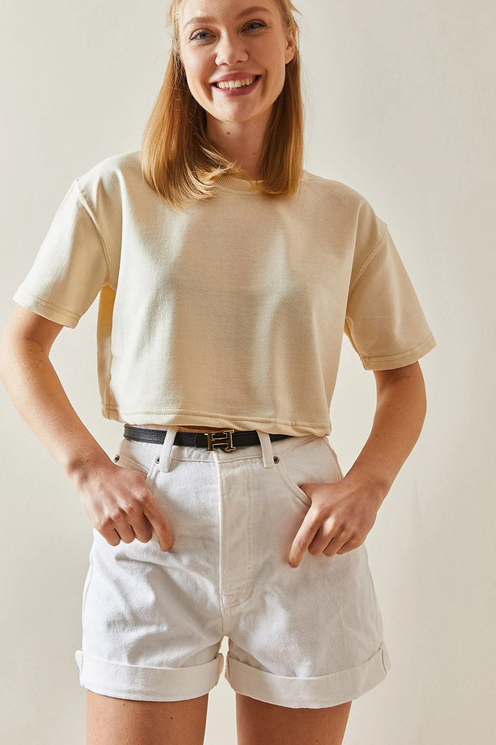 Beige Bicycle Collar Oversize Cotton Crop T-Shirt BC241116 - Fairbanks