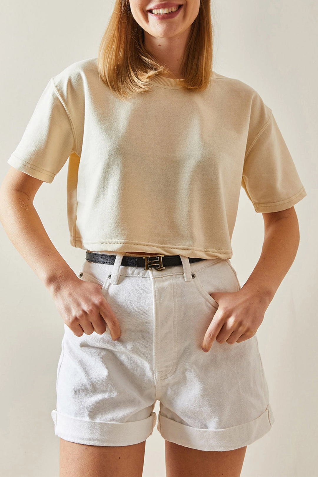 Beige Bicycle Collar Oversize Cotton Crop T-Shirt BC241116 - Fairbanks