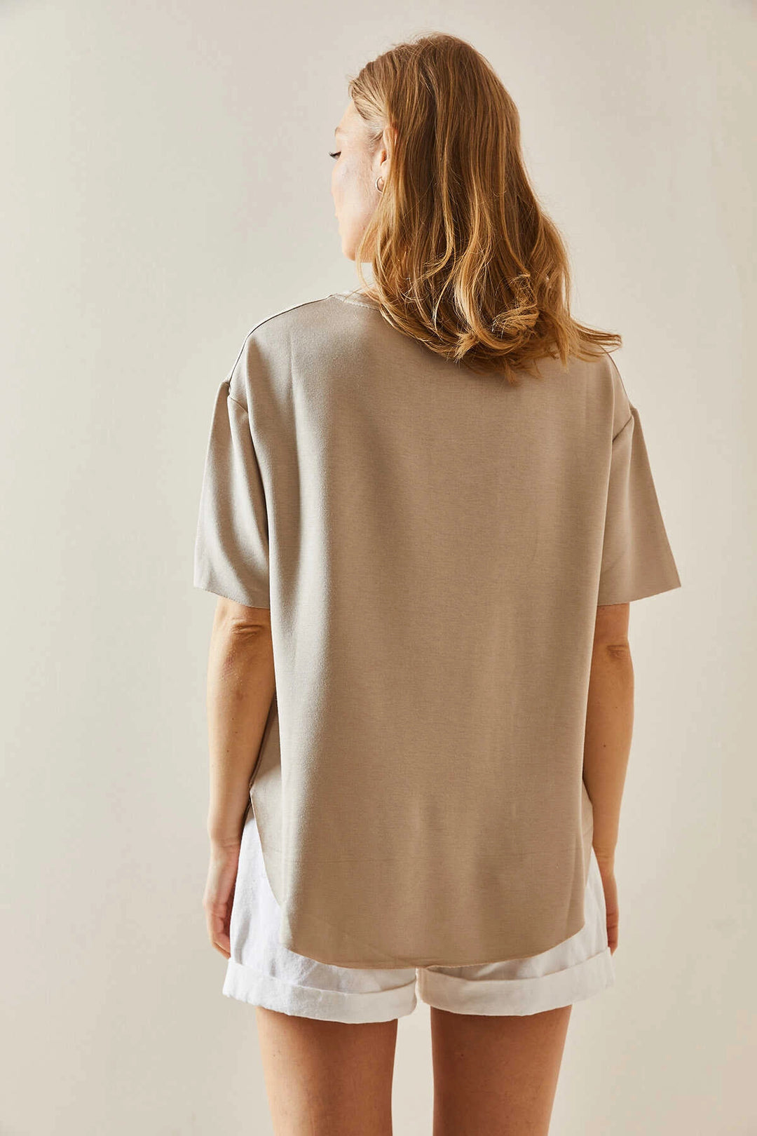 Beige Bicycle Neck Oys Modal Oval Cut Soft Textured Basic T-Shirt BC241115 - Kaufbeuren