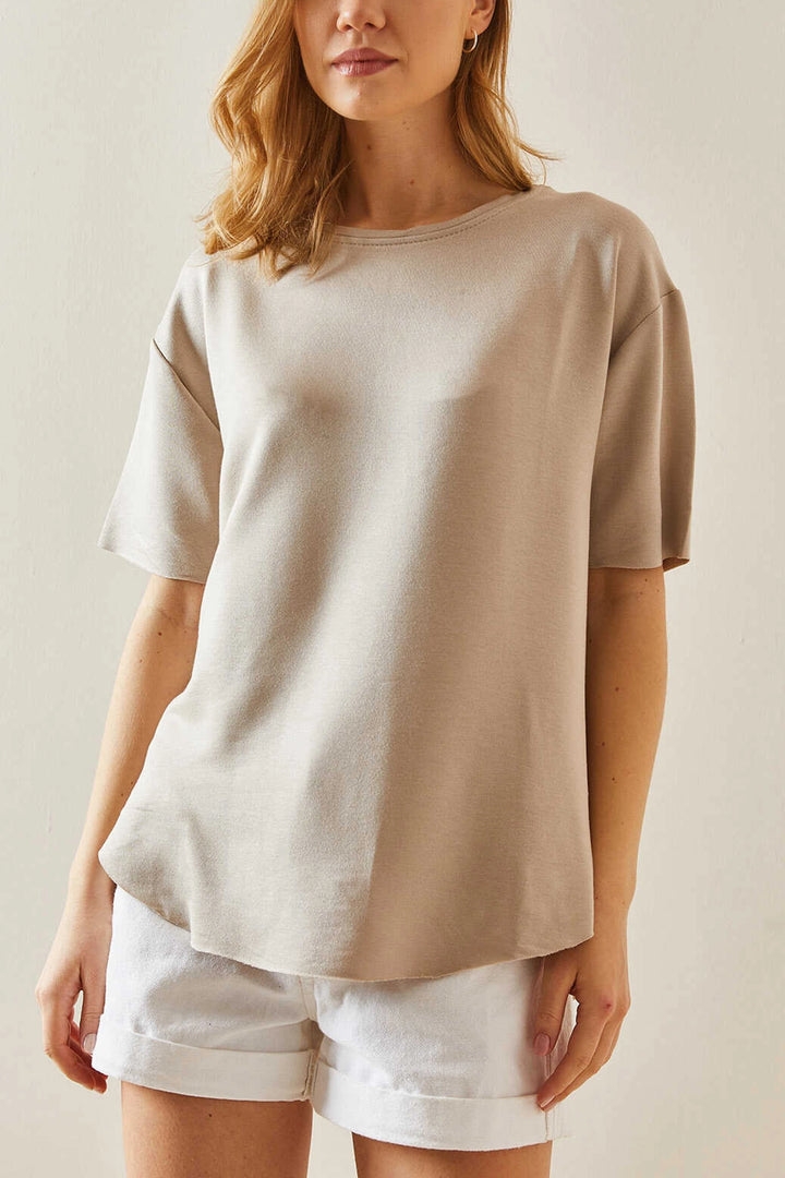 Beige Bicycle Neck Oys Modal Oval Cut Soft Textured Basic T-Shirt BC241115 - Kaufbeuren