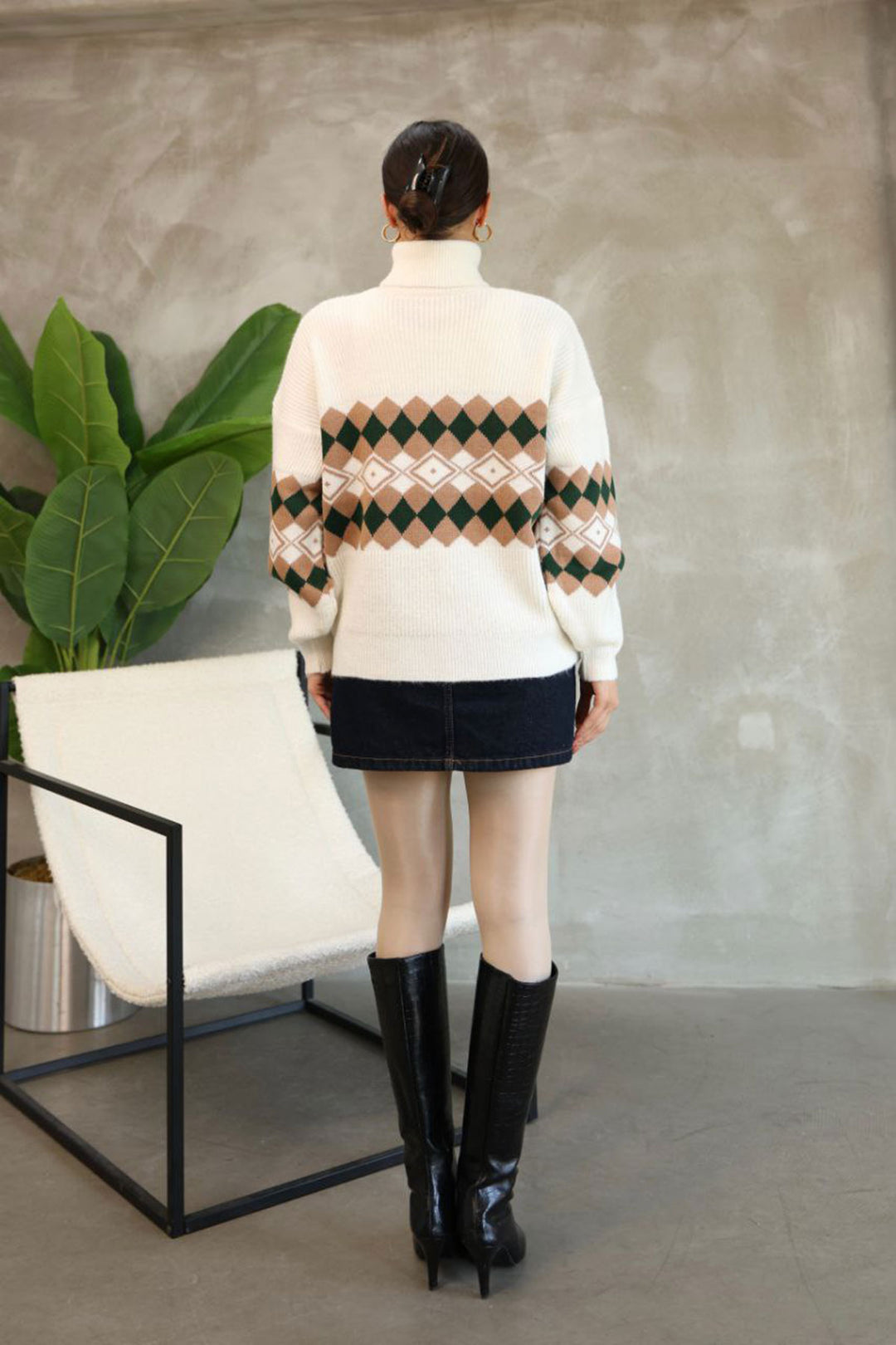 Beige Turtleneck Patterned Sweater BCES-252010 - Deventer