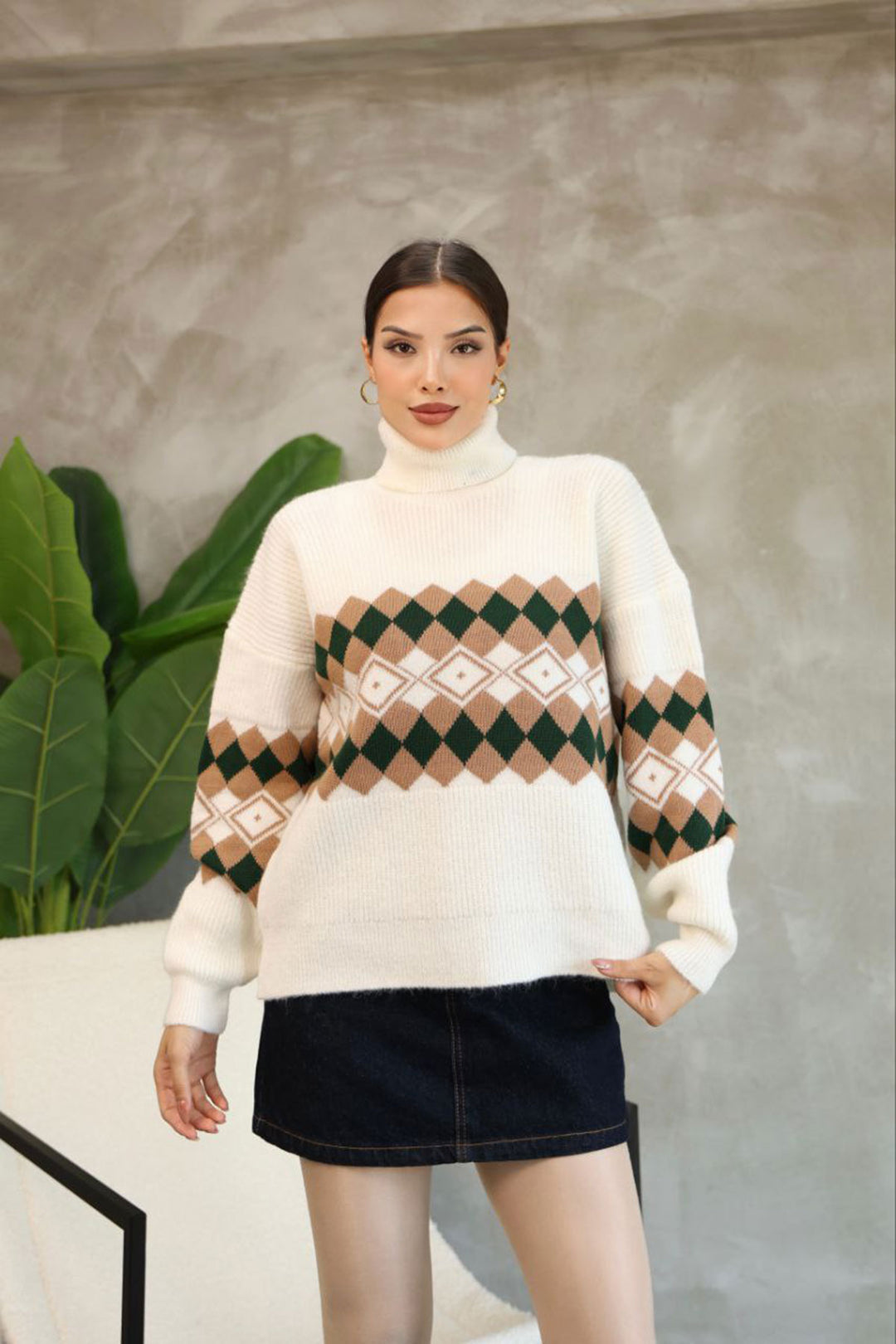 Beige Turtleneck Patterned Sweater BCES-252010 - Deventer