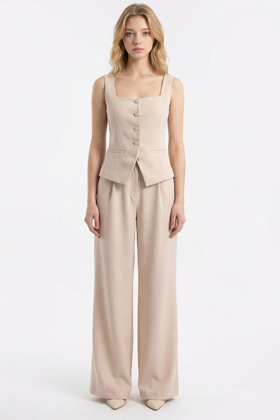 Bej Brit Detaylı Kare Yaka Crep Bluz Ve Pantolon Alt Üst Takım BCHN-2626844 - Norristown