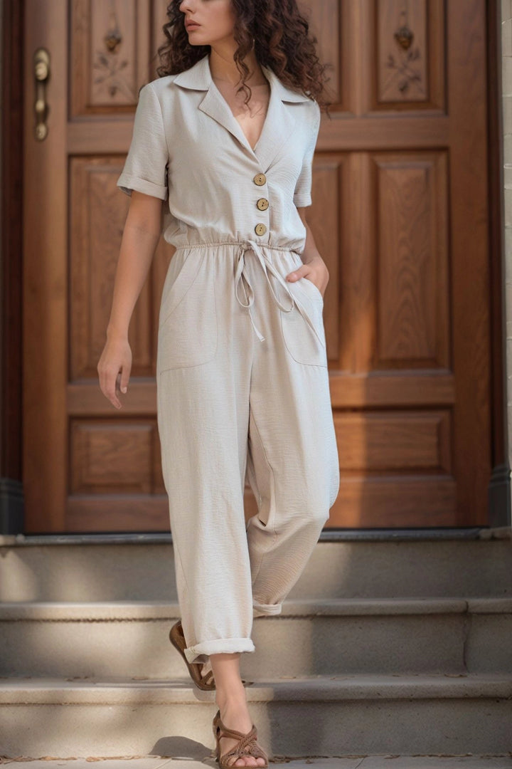Beige Jacket Collar Waist Elastic Airplane Jumpsuit BCBSK-25700-2622 - Roy