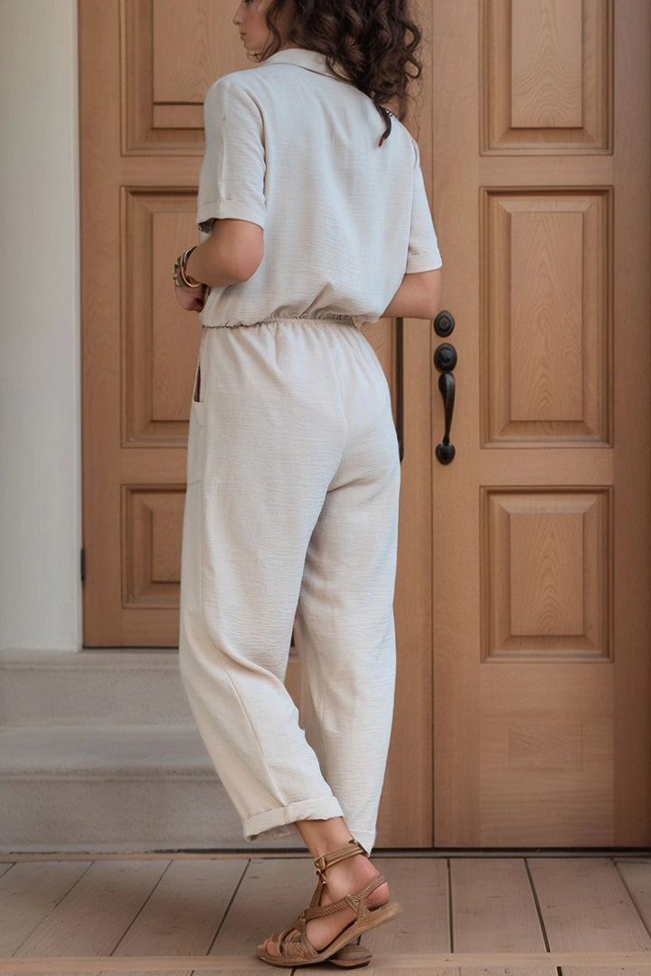 Beige Jacket Collar Waist Elastic Airplane Jumpsuit BCBSK-25700-2622 - Roy