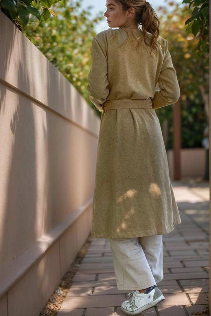 Beige Jacket Collar Belted Pocketed Coat BCBSK-25700-3310 - Castelo Branco