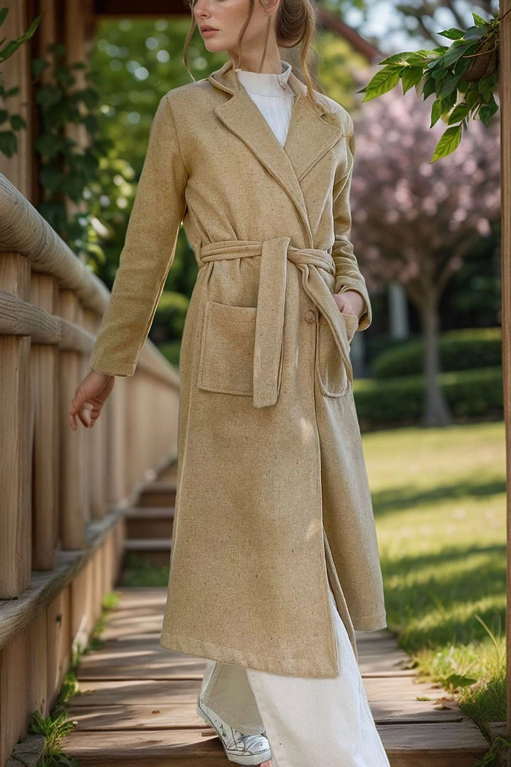 Beige Jacket Collar Belted Pocketed Coat BCBSK-25700-3310 - Castelo Branco