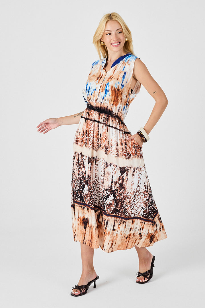 Beige Notched Collar Buttoned Patterned Sleeveless Midi Dress BCVL-254025 - Eden Prairie