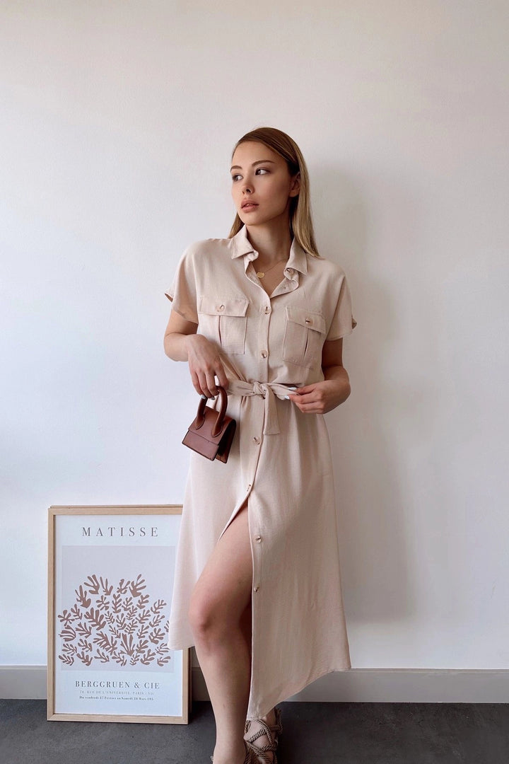 Beige Pocketed Belted Safari Airy Dress BCBSK-25700-K4045 - Scranton