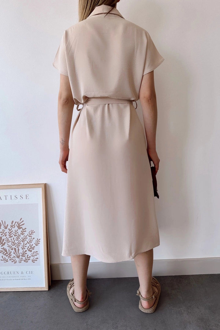 Beige Pocketed Belted Safari Airy Dress BCBSK-25700-K4045 - Scranton