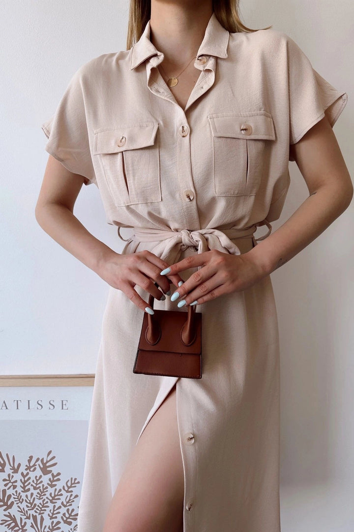 Beige Pocketed Belted Safari Airy Dress BCBSK-25700-K4045 - Scranton