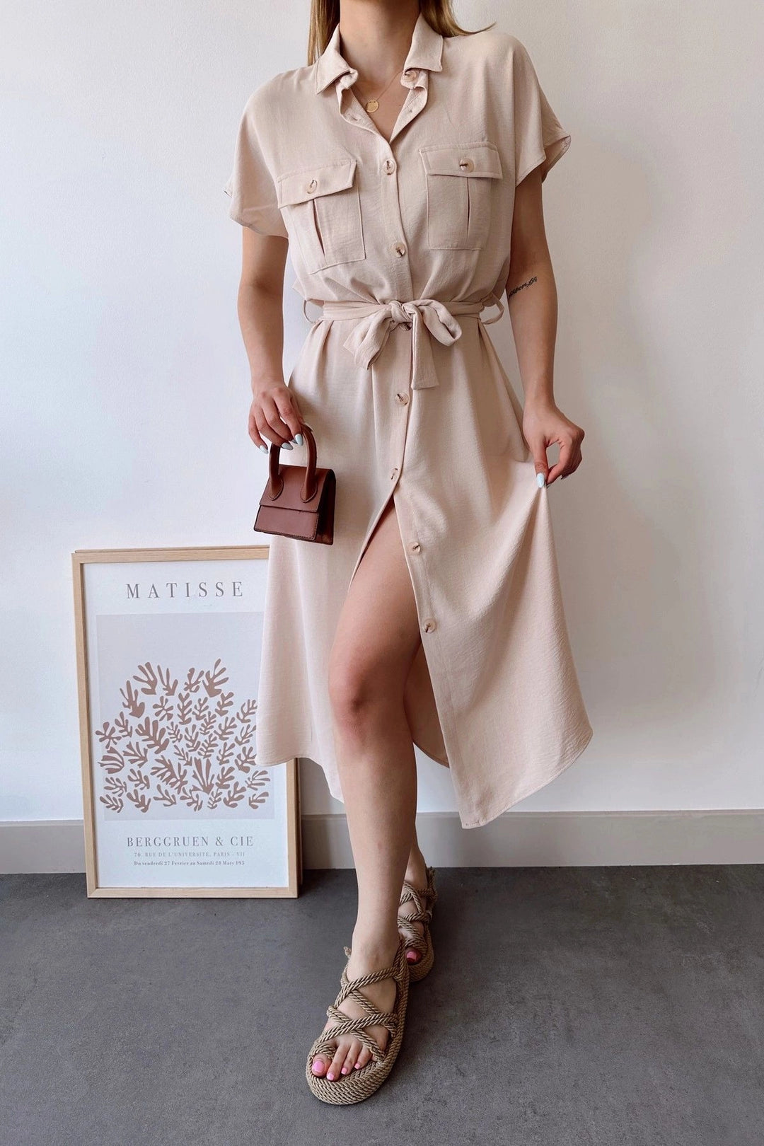 Beige Pocketed Belted Safari Airy Dress BCBSK-25700-K4045 - Scranton