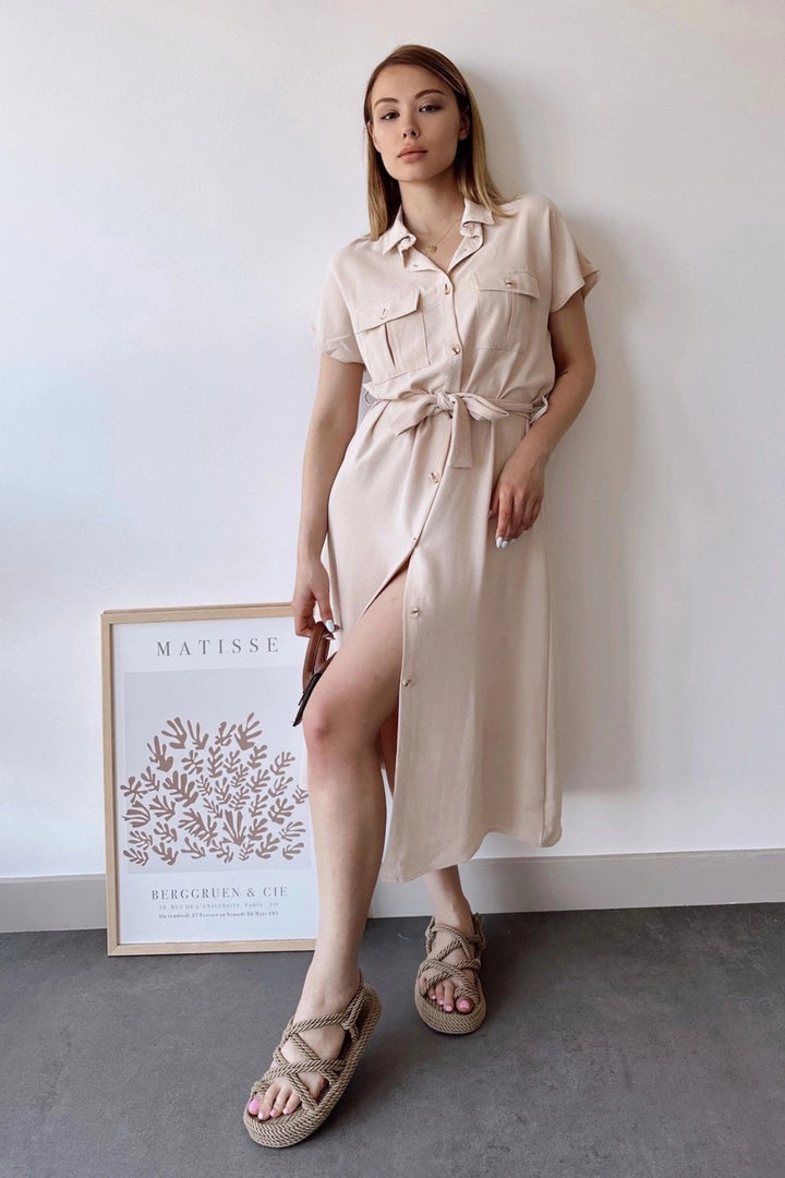 Beige Pocketed Belted Safari Airy Dress BCBSK-25700-K4045 - Scranton